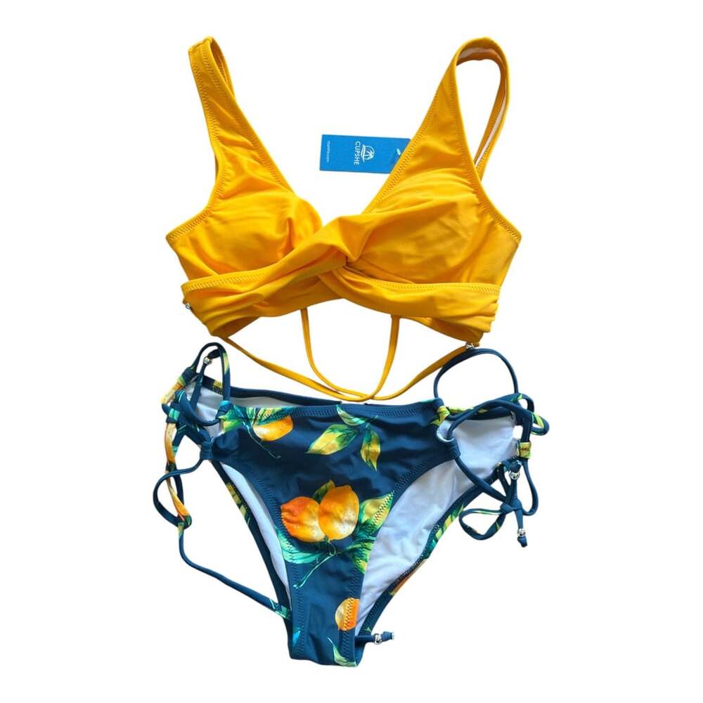Cupshe Yellow Lemon Print Wrap Bikini Set XS Tie Side NWT